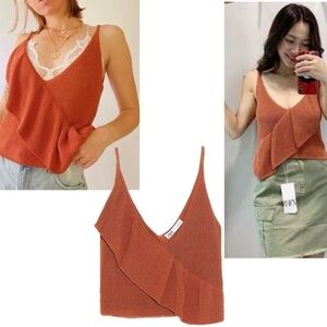 Zara burnt orange knit ruffle frill accent spaghetti strap camisole tank blouse